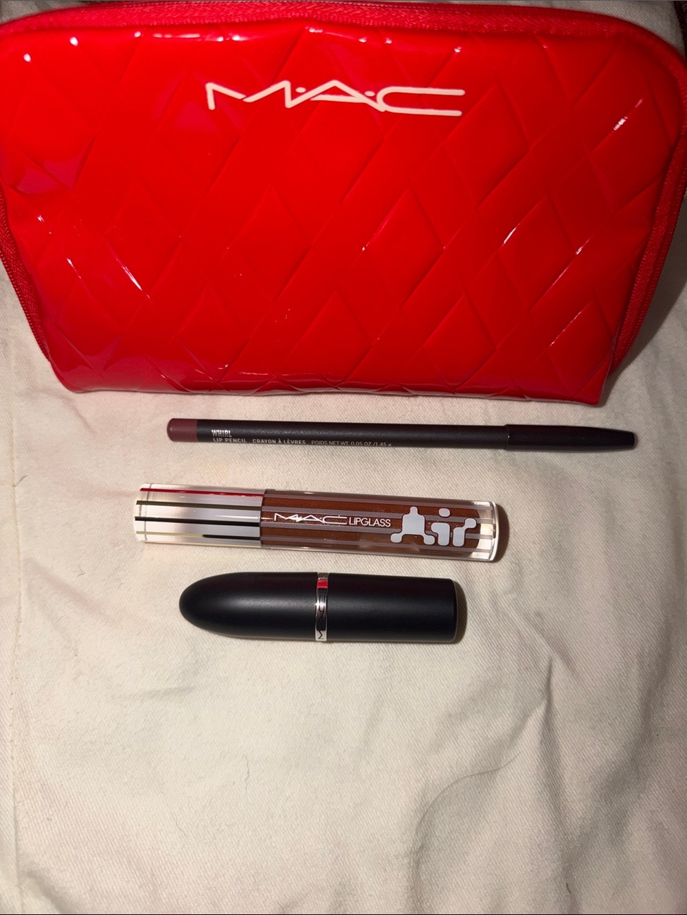 MAC Cosmetics Red Cosmetic Bag with Brown Lipglass & Mauve Lip Liner